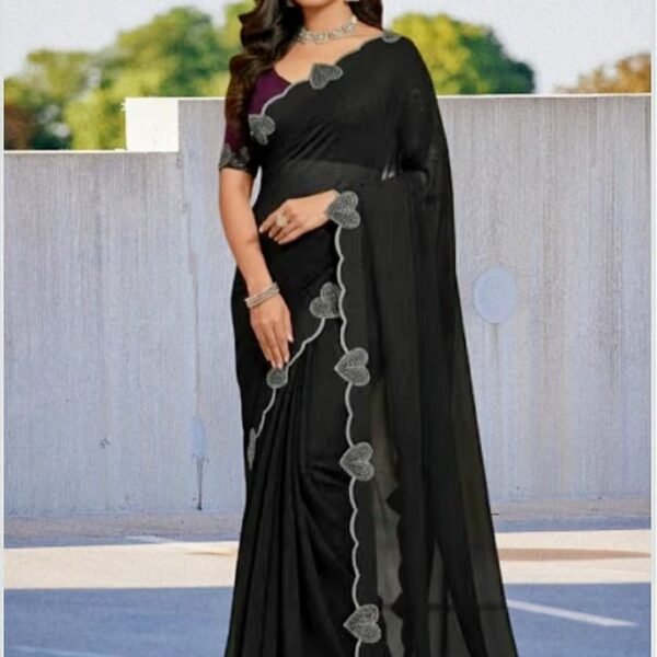 Premium Black Georgette Saree with Heart Border Design | Stylish Party Wear Saree for Women