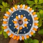 Laddu Gopal black orange designer dress set with mukut