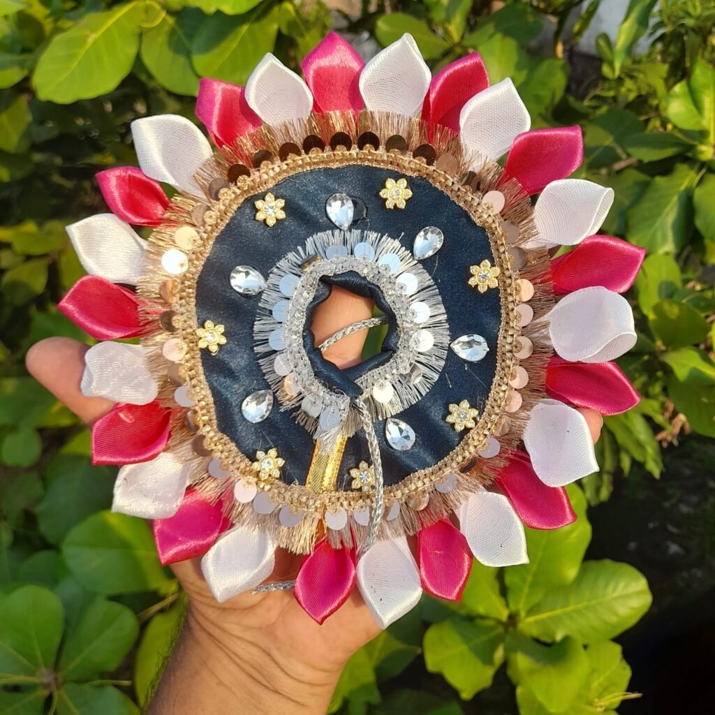 Laddu Gopal pagdi with flower design pink white satin and pearl center