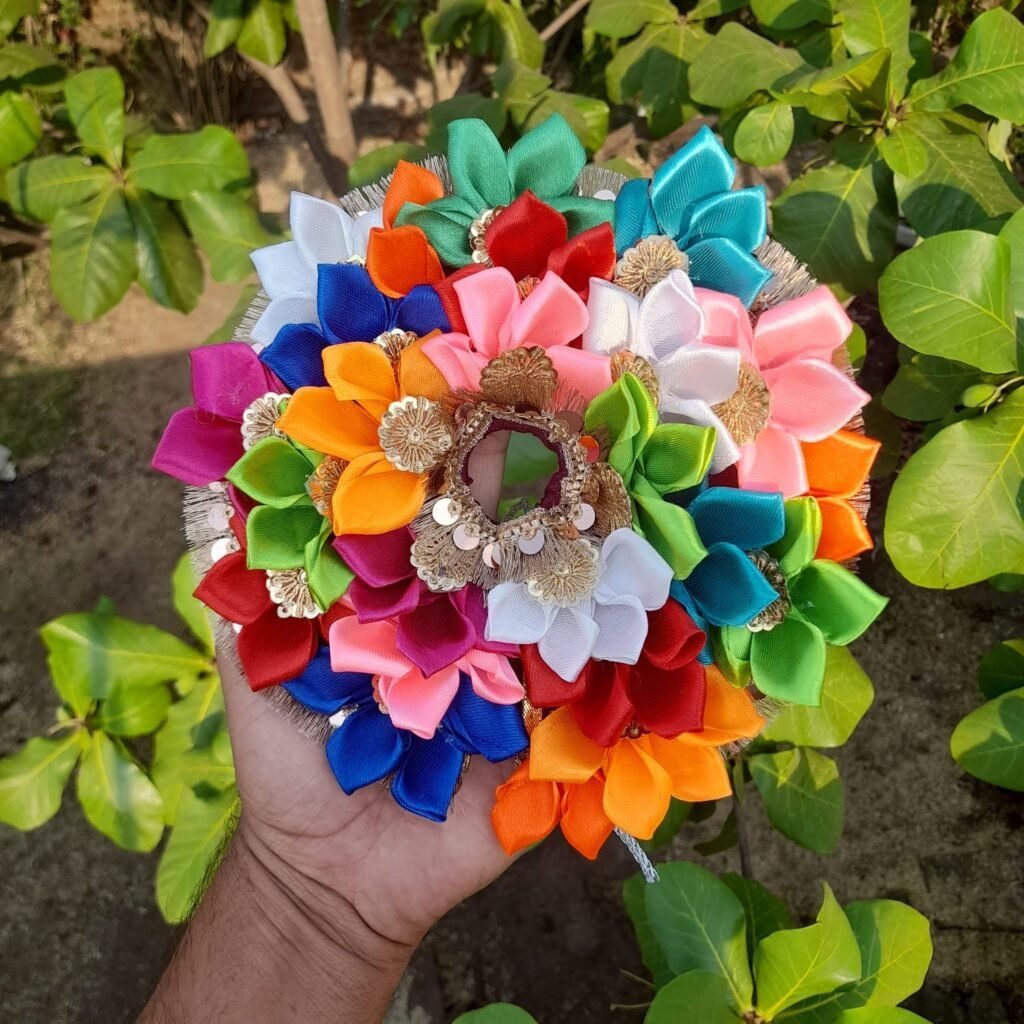 Multicolor handmade Laddu Gopal dress with satin flowers, feathers and stone work size 1-6