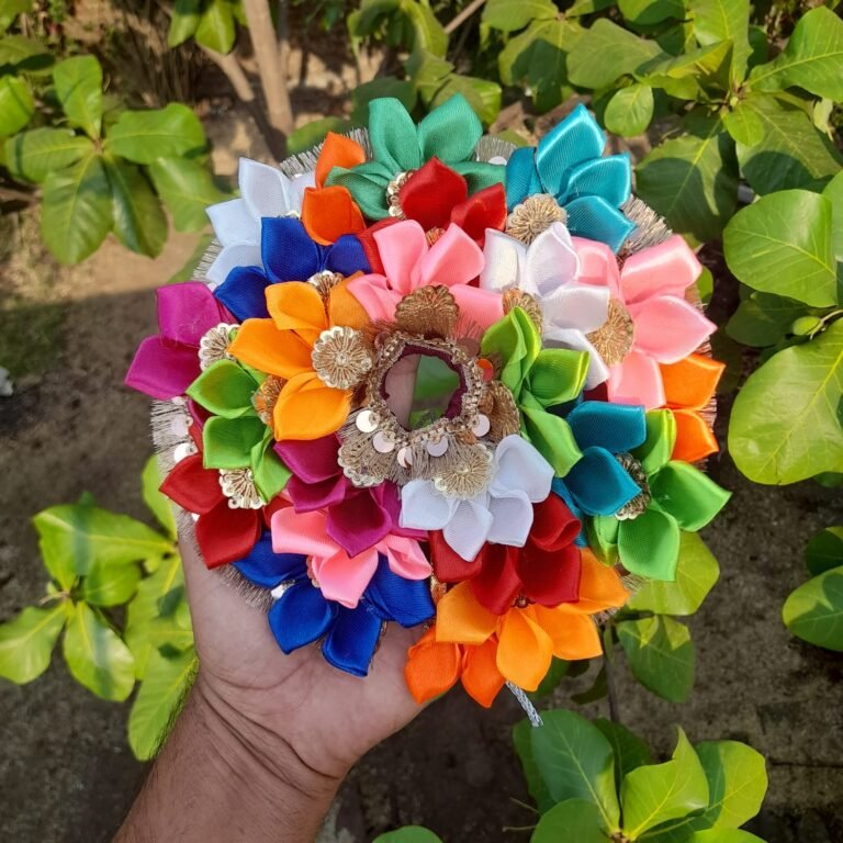 Multicolor handmade Laddu Gopal dress with satin flowers, feathers and stone work size 1-6