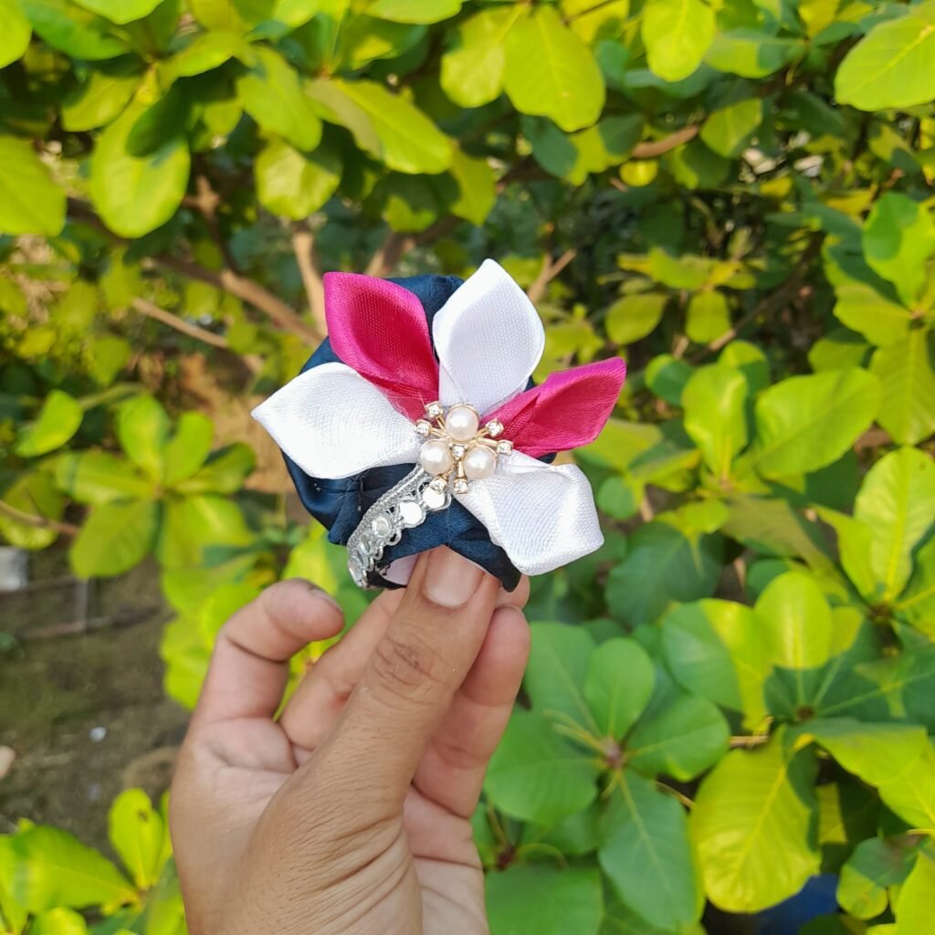 Handmade Laddu Gopal designer mukut with blue velvet base pink white petals