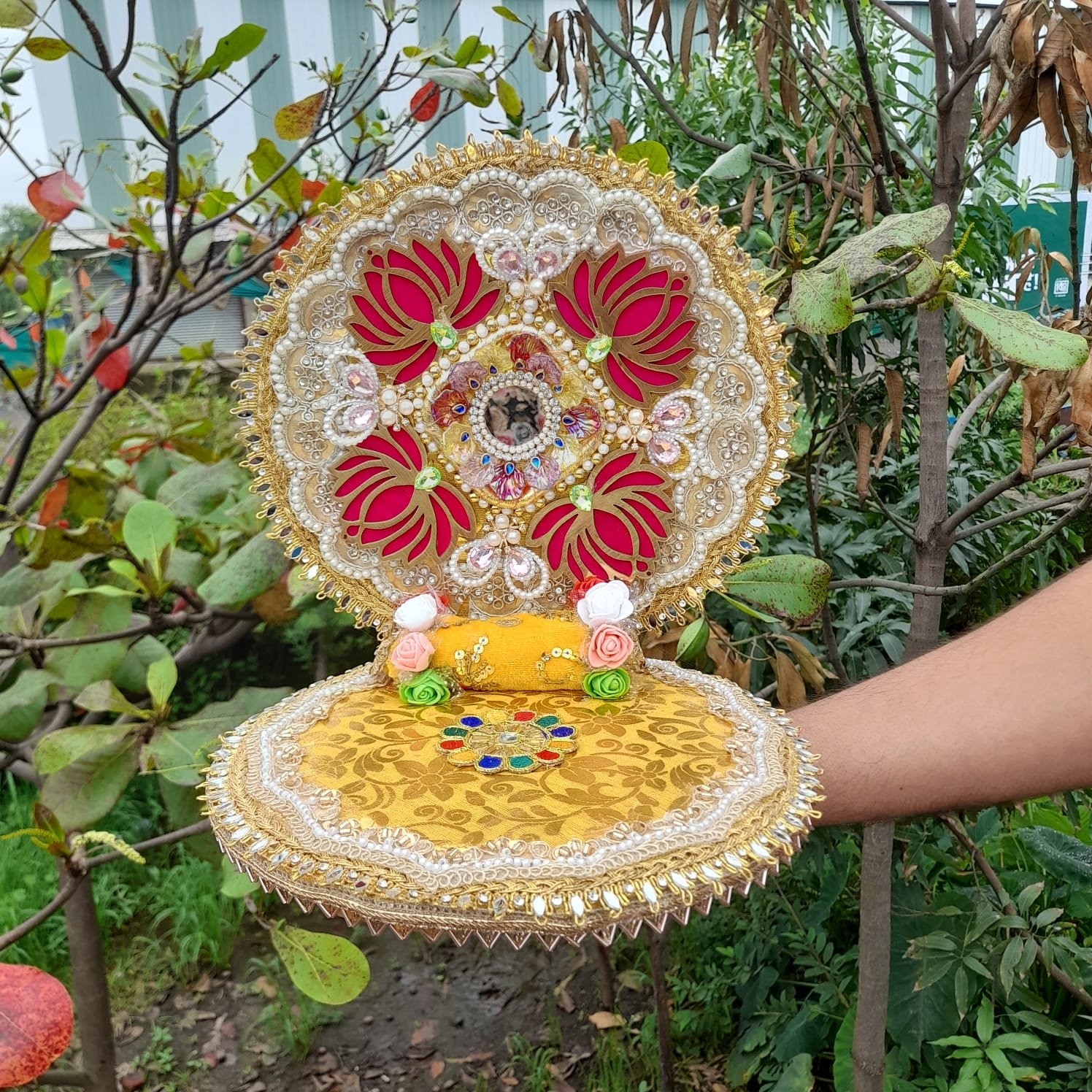Janmashtami Decoration Premium Handmade Laddu Gopal Ji Aasan 10x10 Inch | Designer Krishna Singhasan by Nayahe